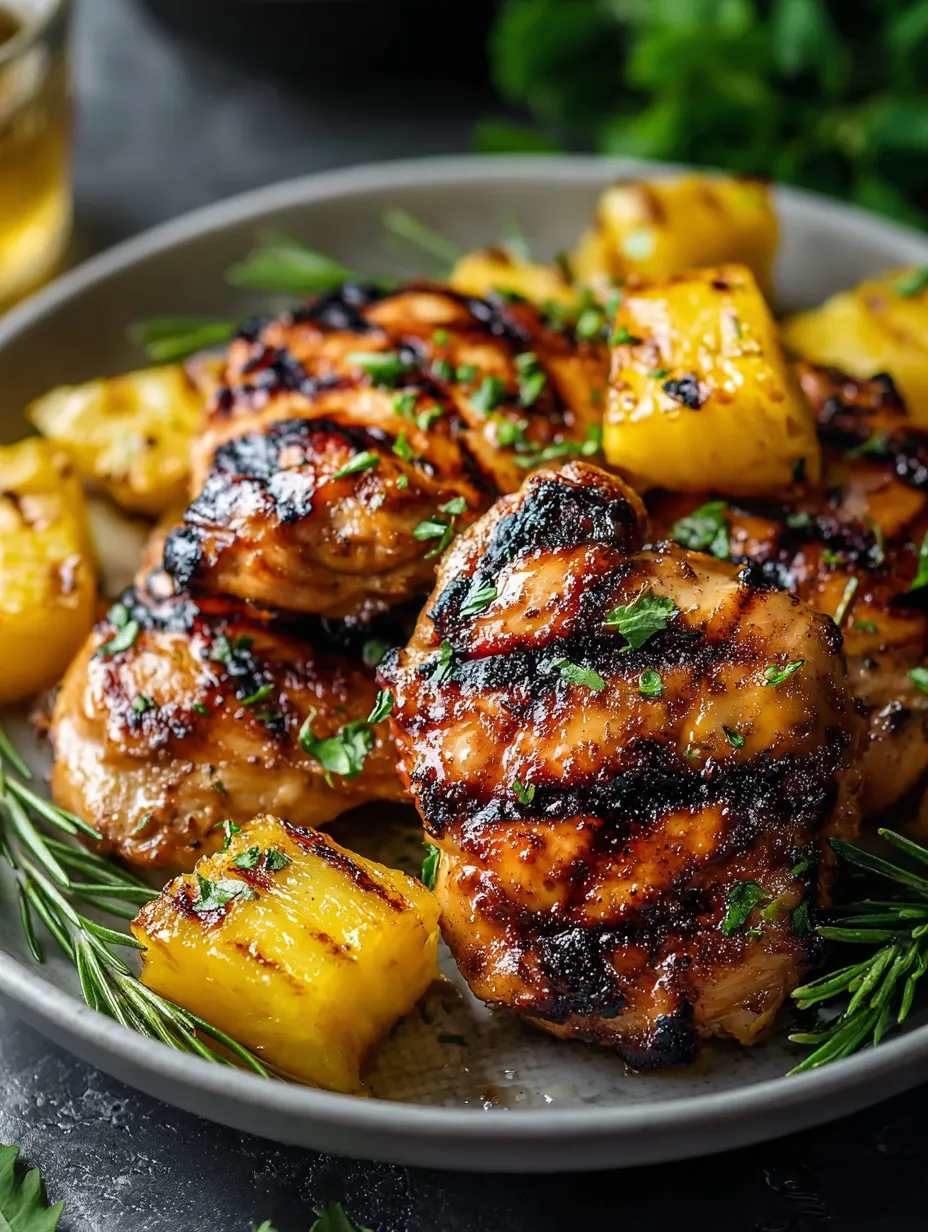 Un plato de pollo a la parrilla con piña y hierbas.