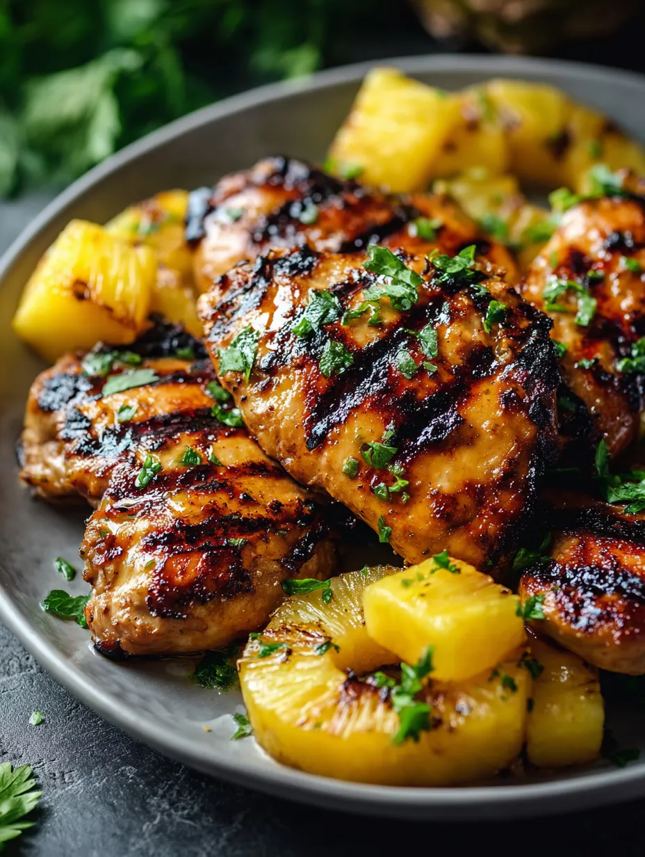 Un plato con pollo a la parrilla y rodajas de piña.