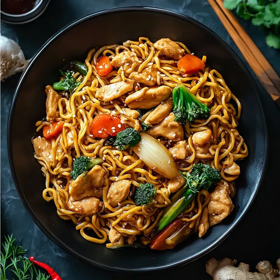 Un bowl con sopa de fideos y pollo.