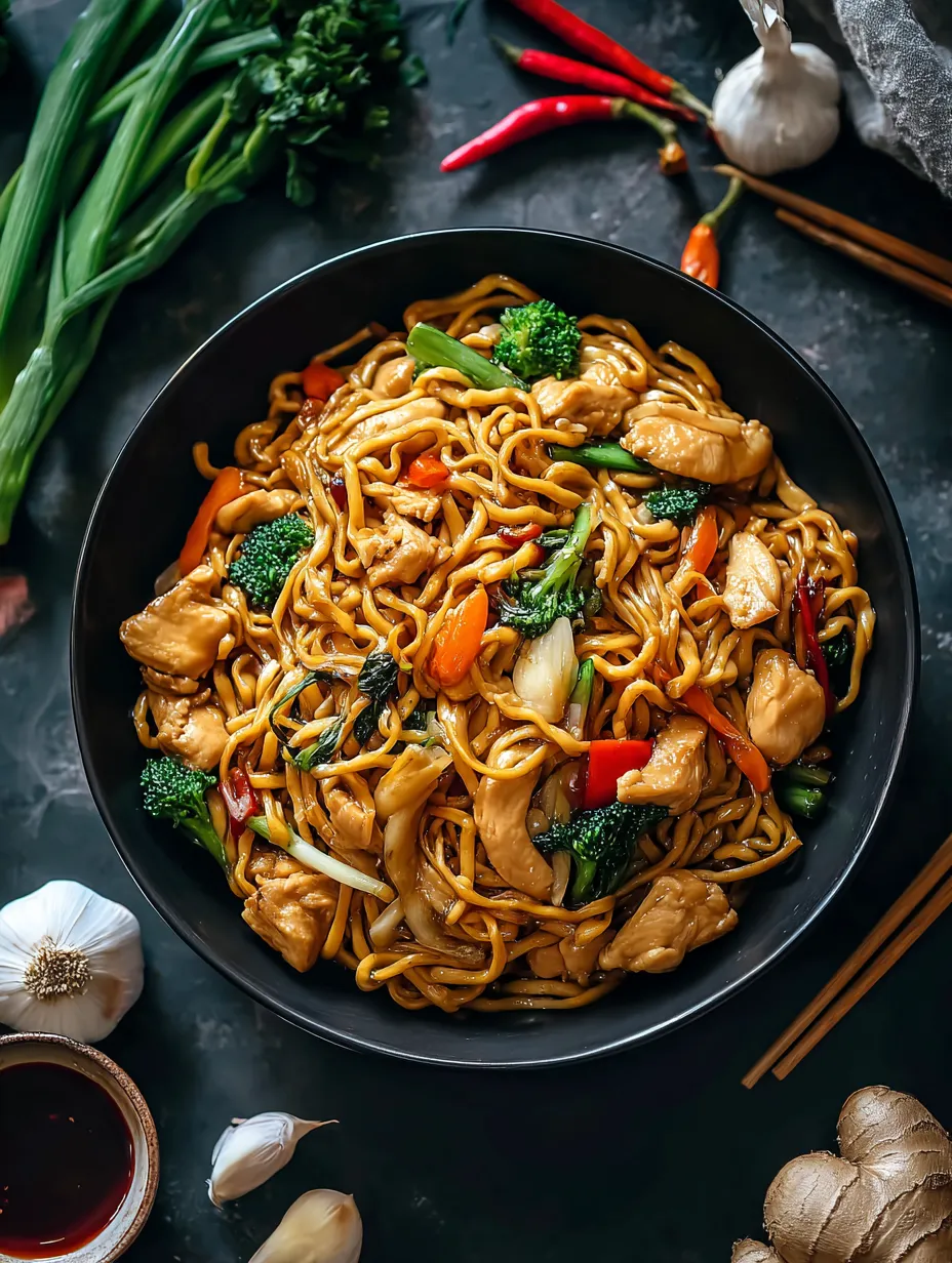 Un bowl de comida china con pollo, brócoli, zanahorias y morrón.
