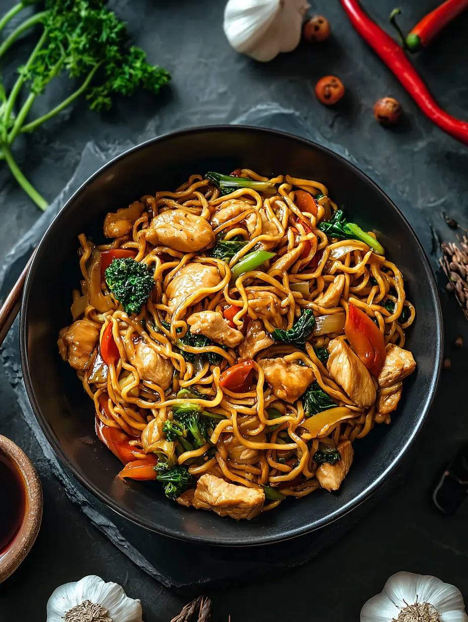 Un bowl de comida china con fideos y verduras.