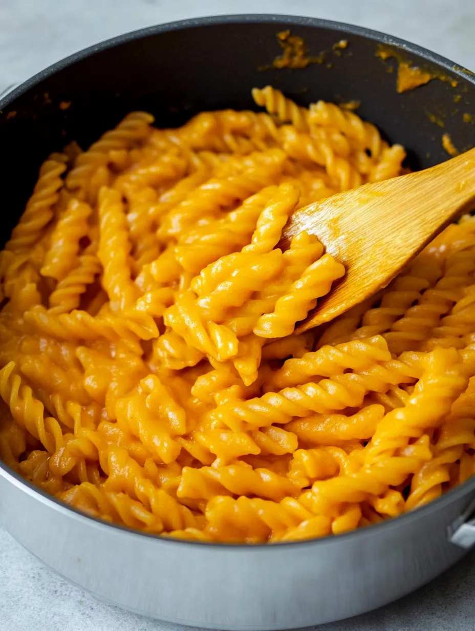 Una cuchara de madera dentro de una olla de macarrones con queso.