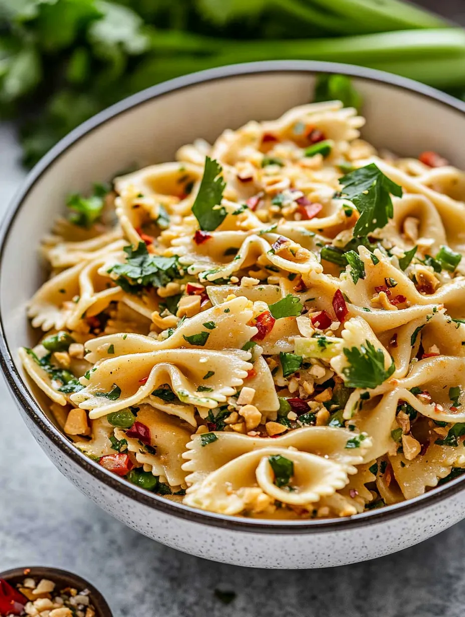 Un bowl de pasta con chiles grandes y hierbas frescas.