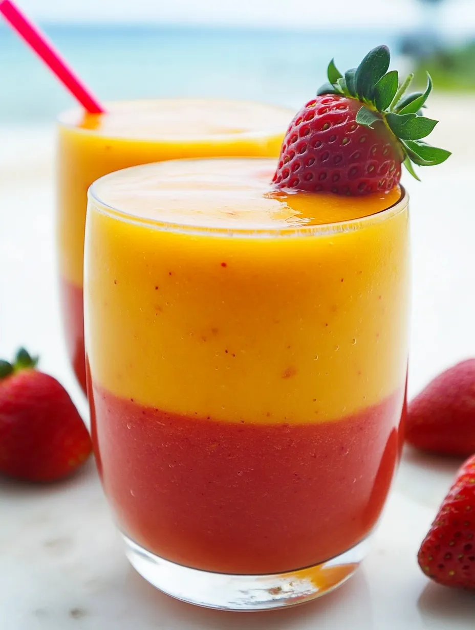 Dos vasos de jugo naranja con fresas encima.