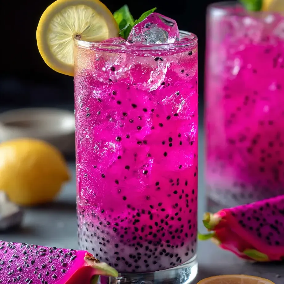 Un vaso de bebida rosa con rodaja de limón.
