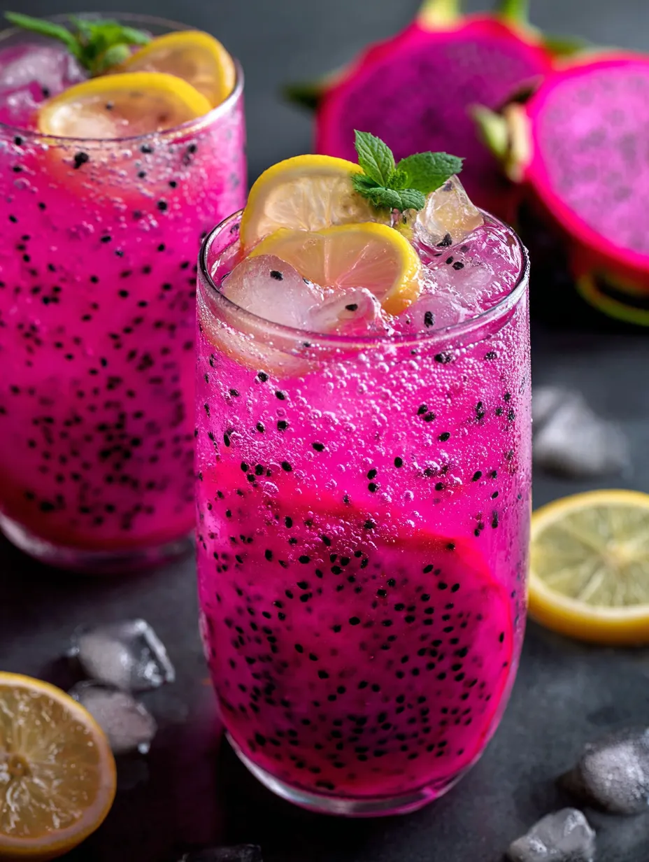 Un vaso de bebida rosada con rodajas de limón arriba.