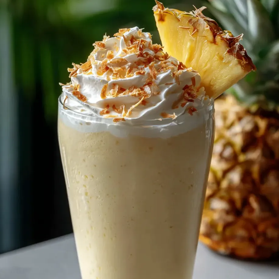 Un vaso de batido de piña cubierto con una rodaja de piña.