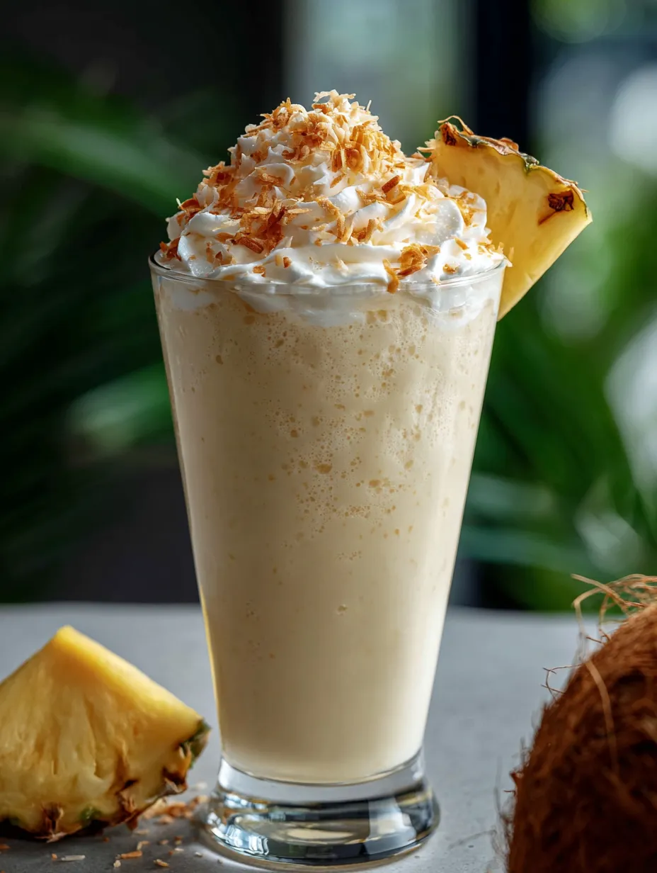 Un vaso de batido de piña con una porción de piña al costado.