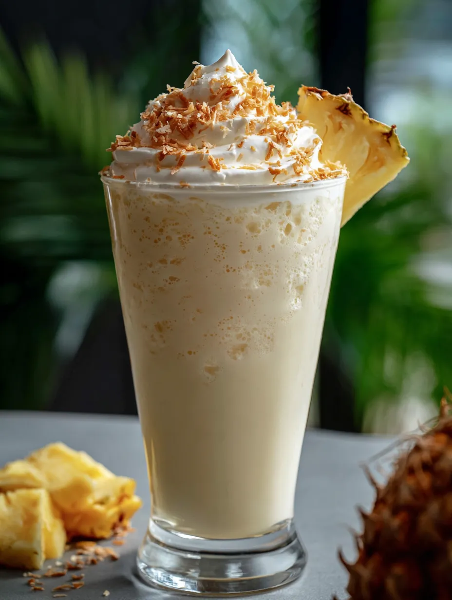 Un vaso de batido de piña con una rodaja de piña al costado.