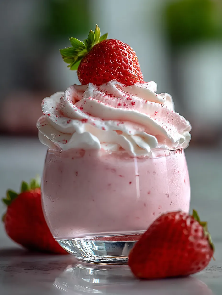 Un vaso de crema batida rosada con fresas encima.