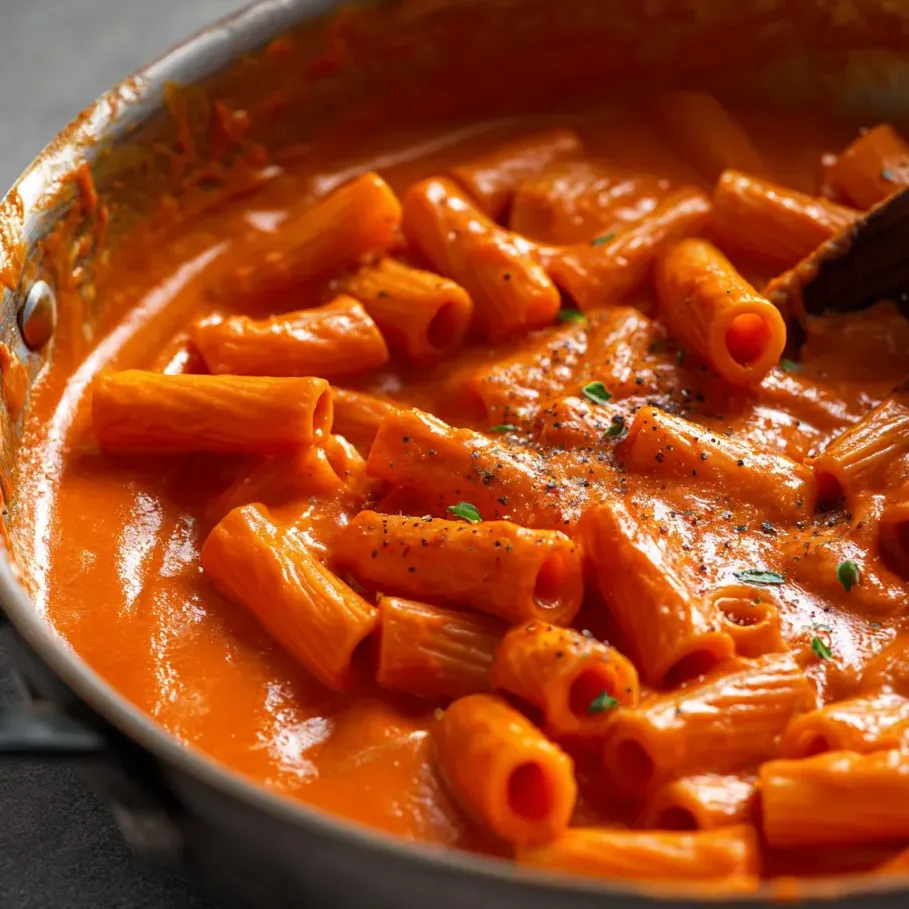 Un bol de pasta con salsa roja.