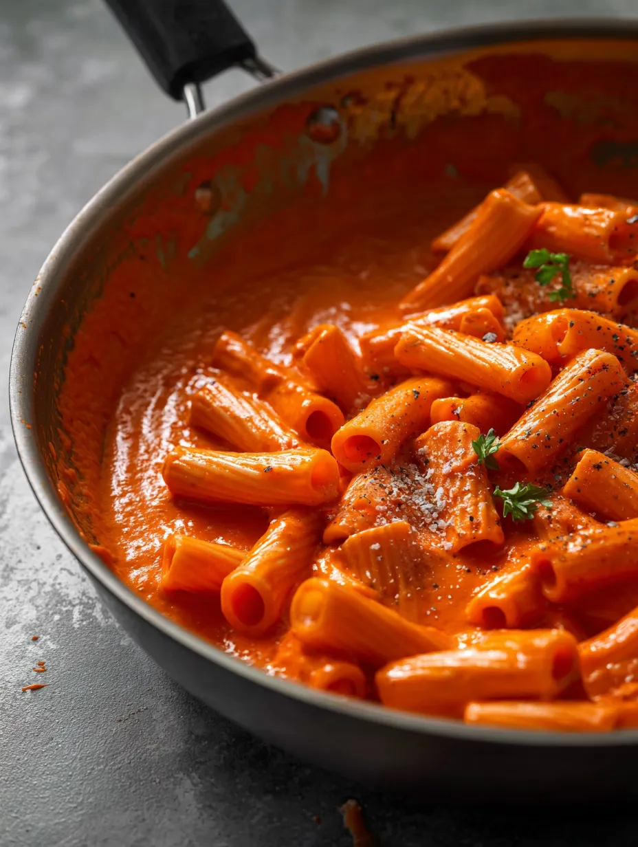 Una sartén con pasta y salsa roja.