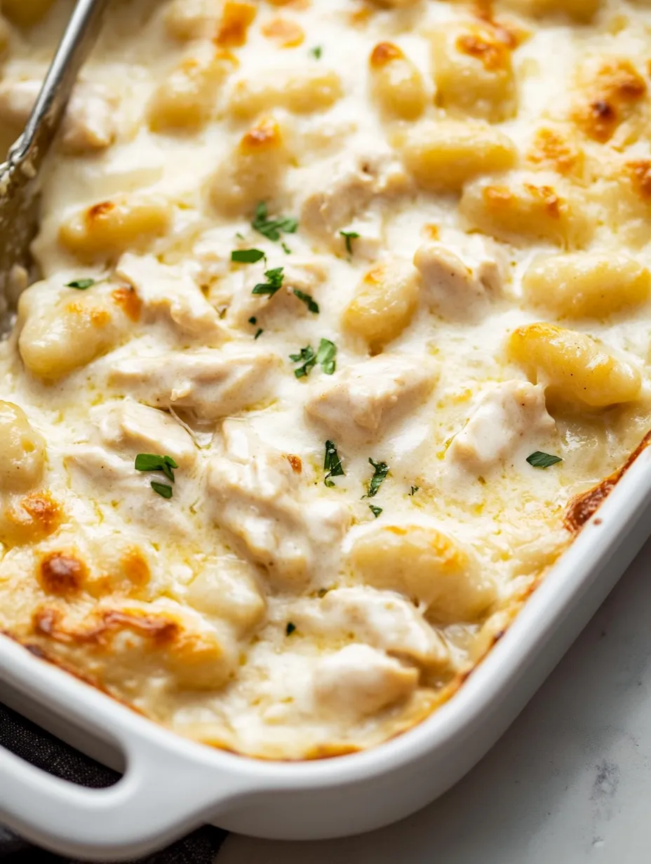Un plato blanco lleno de un gratinado cremoso.