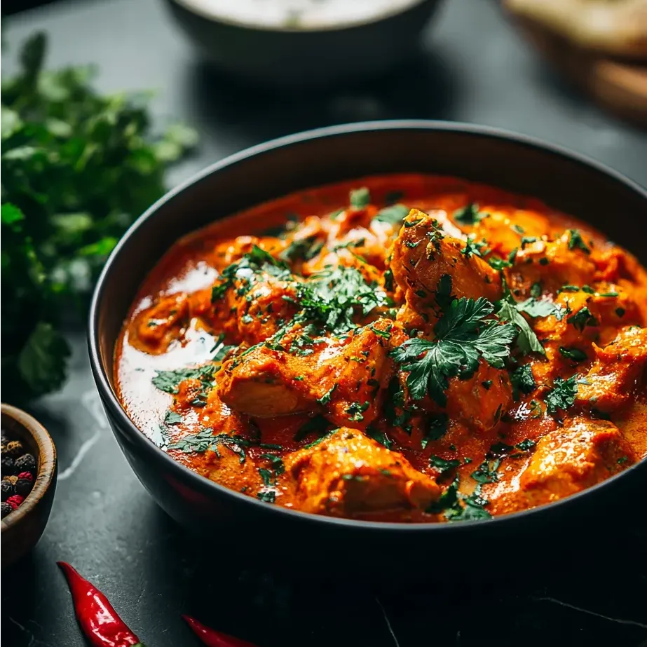 Un plato de curry de pollo con verde por encima.
