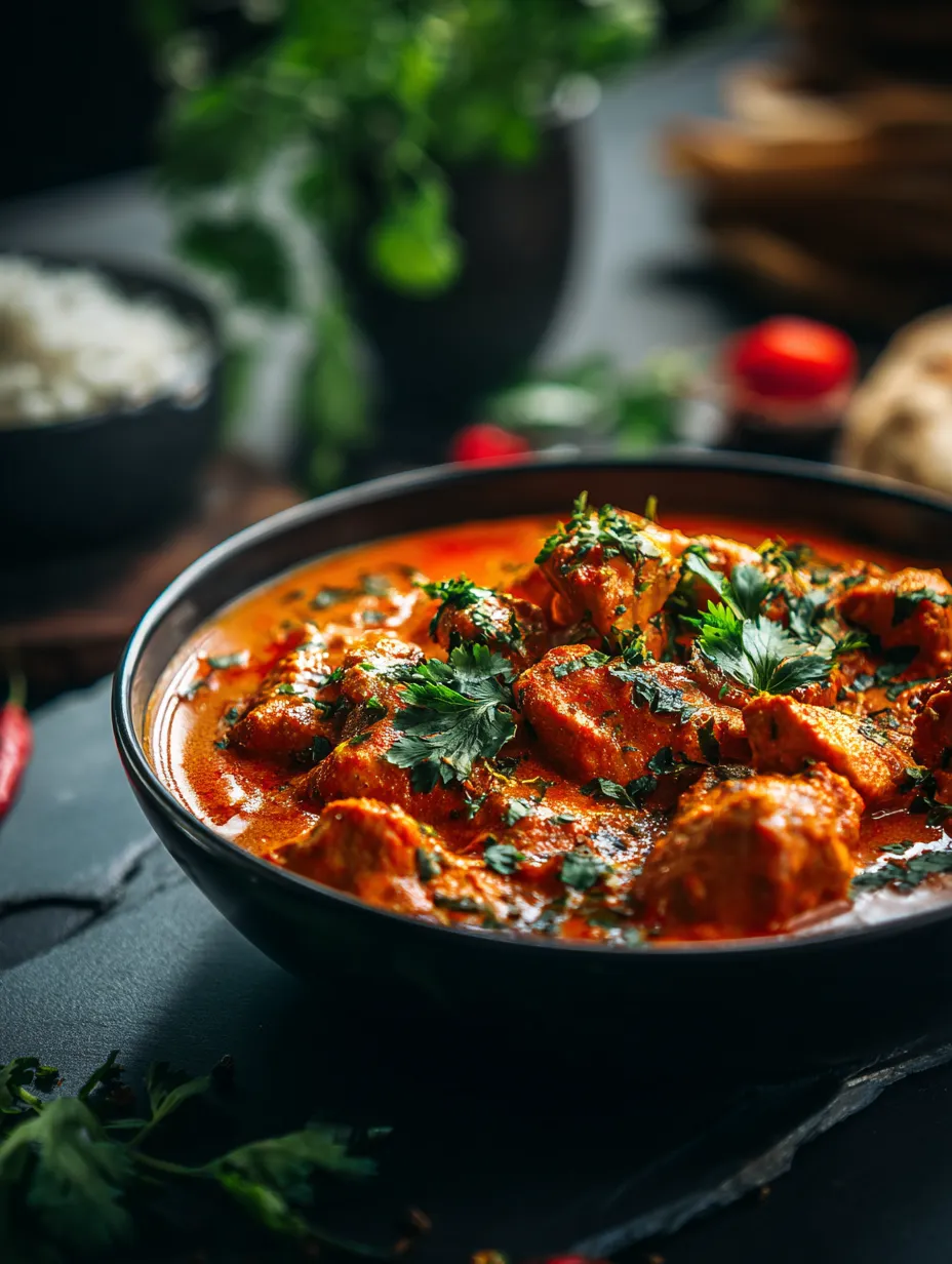 Un cuenco de curry rojo con carne y verduras.