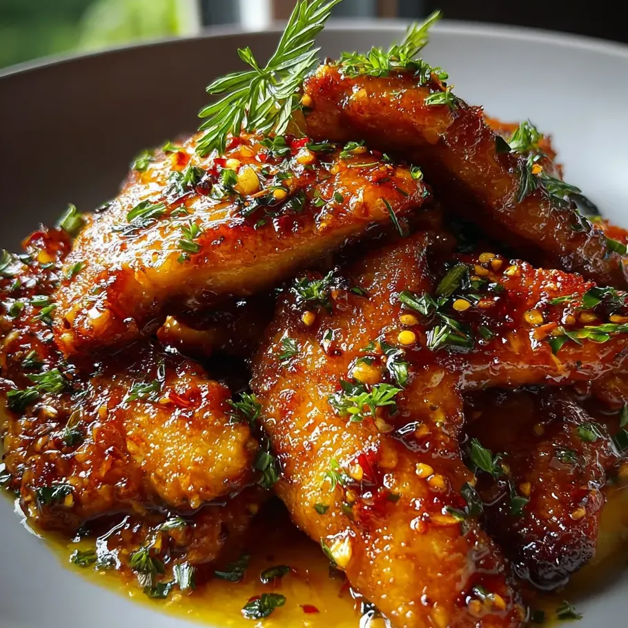 Un plato de pollo bañado en salsa.