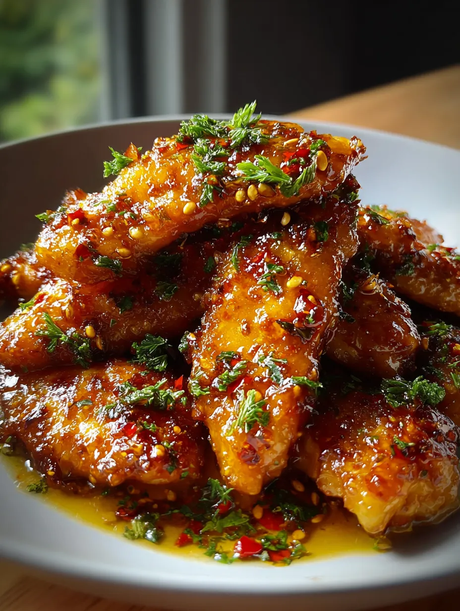 Un plato de alitas de pollo bañadas en salsa.