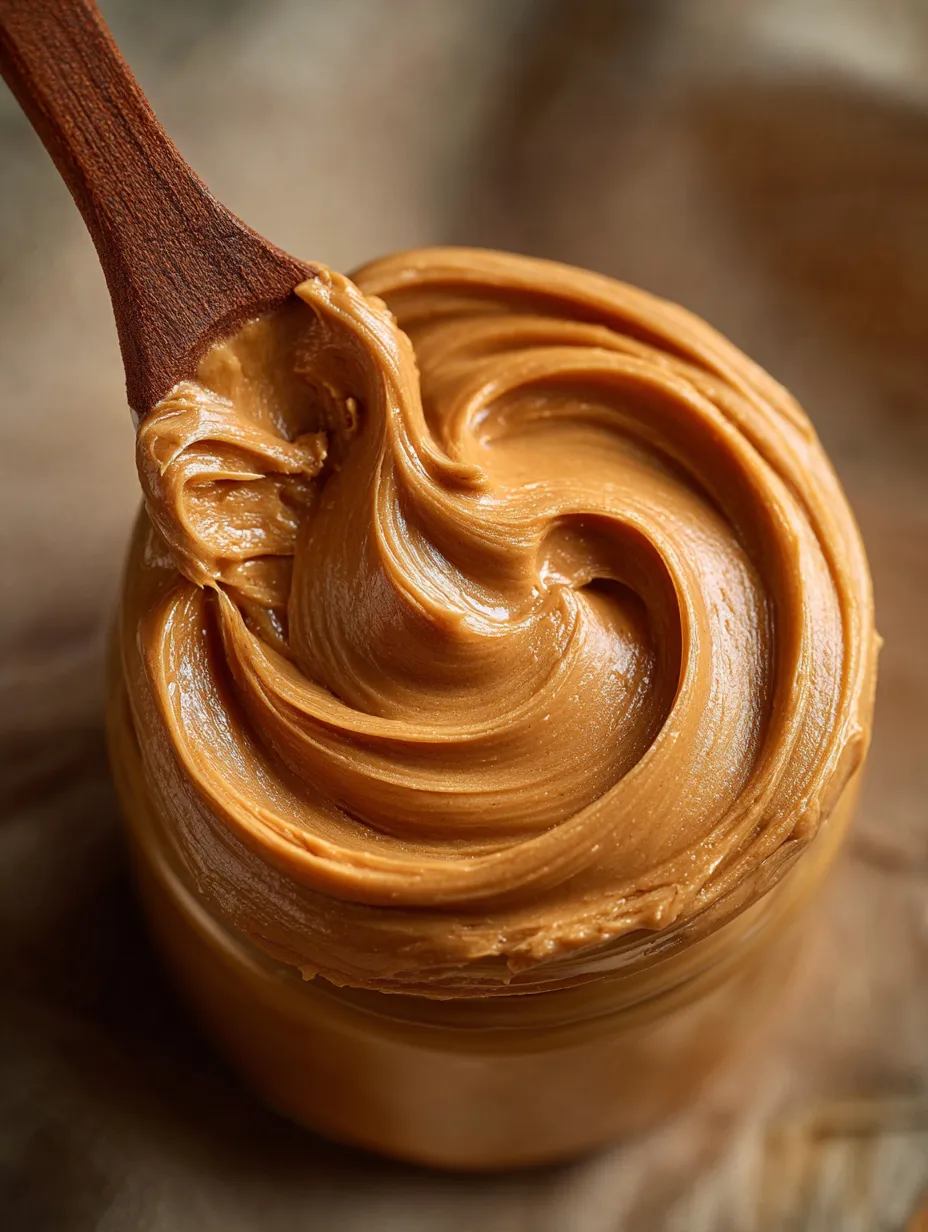 Un frasco de mantequilla de maní con cuchara de madera adentro.