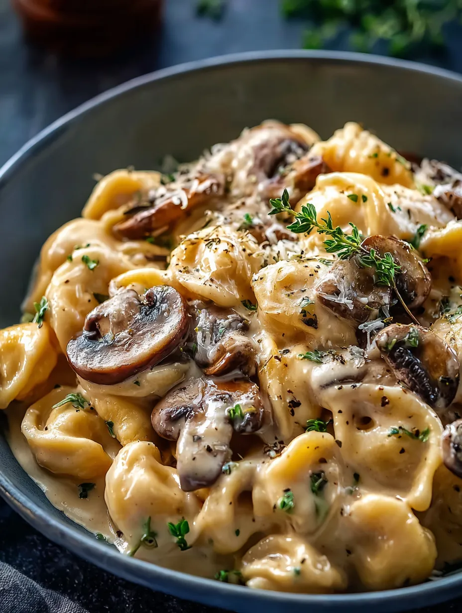 Un bol de pasta con champiñones y queso.