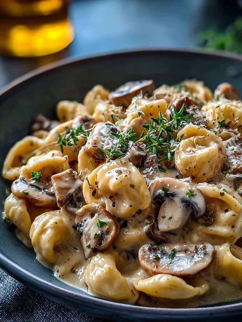 Un plato hondo lleno de pasta con champiñones y hierbas.
