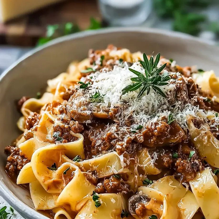 Un plato de pasta con salsa de carne y queso.