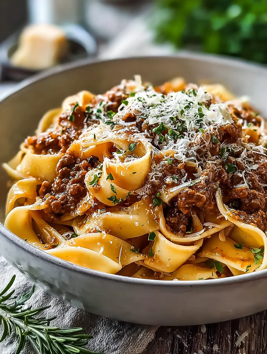 Un plato de pasta con salsa de carne y queso.