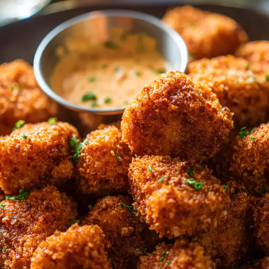 Un bol lleno de pequeños trozos de pollo crujiente con salsa para mojar.