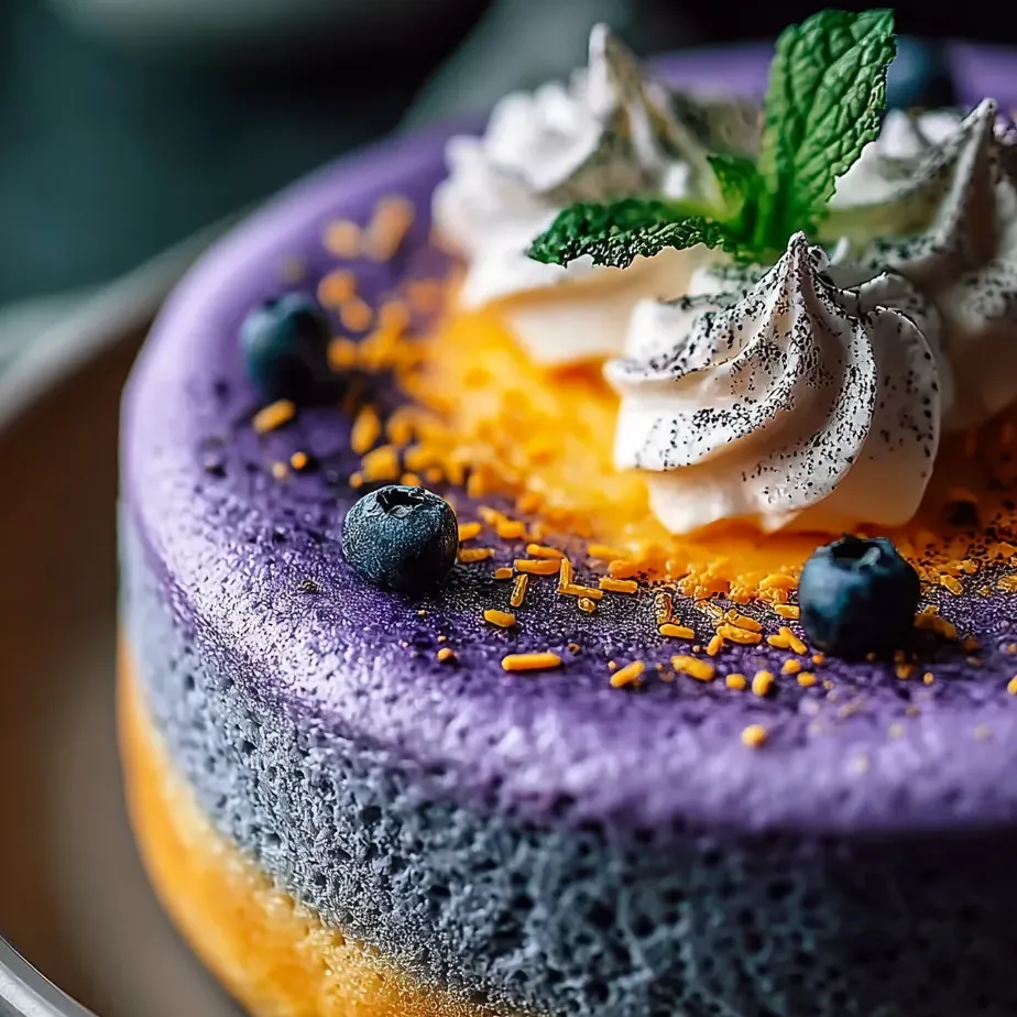 Un trocito de pastel con arándanos y nata montada.