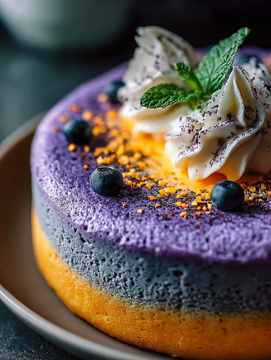 Una porción de pastel con arándanos y crema batida.