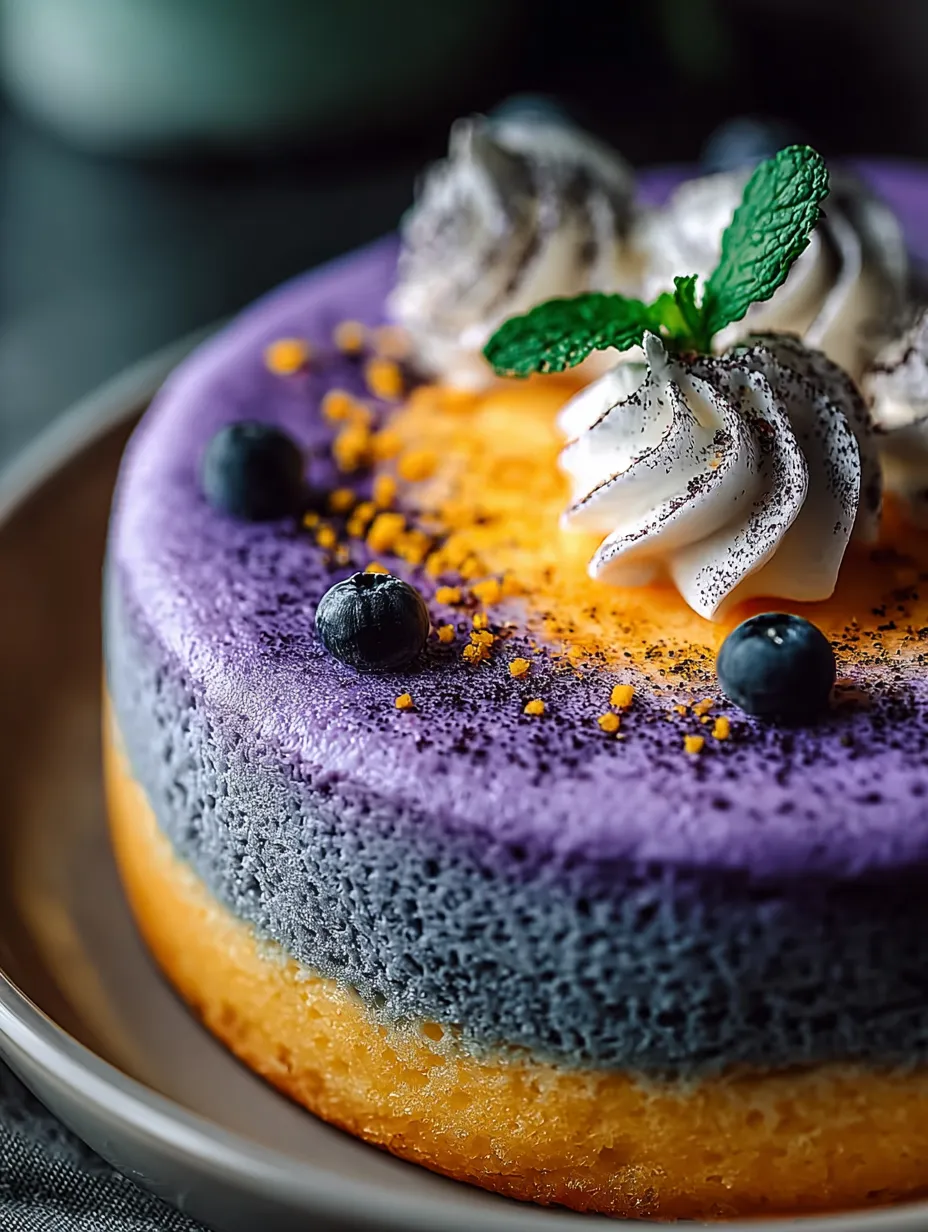 Una porción de pastel con arándanos y crema batida.