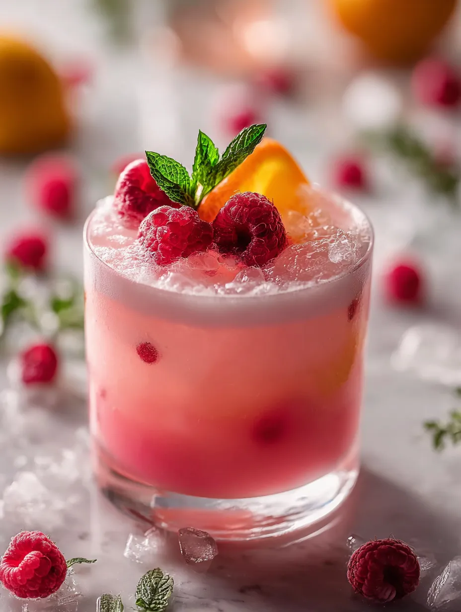 Vaso de bebida rosa con frambuesa encima.