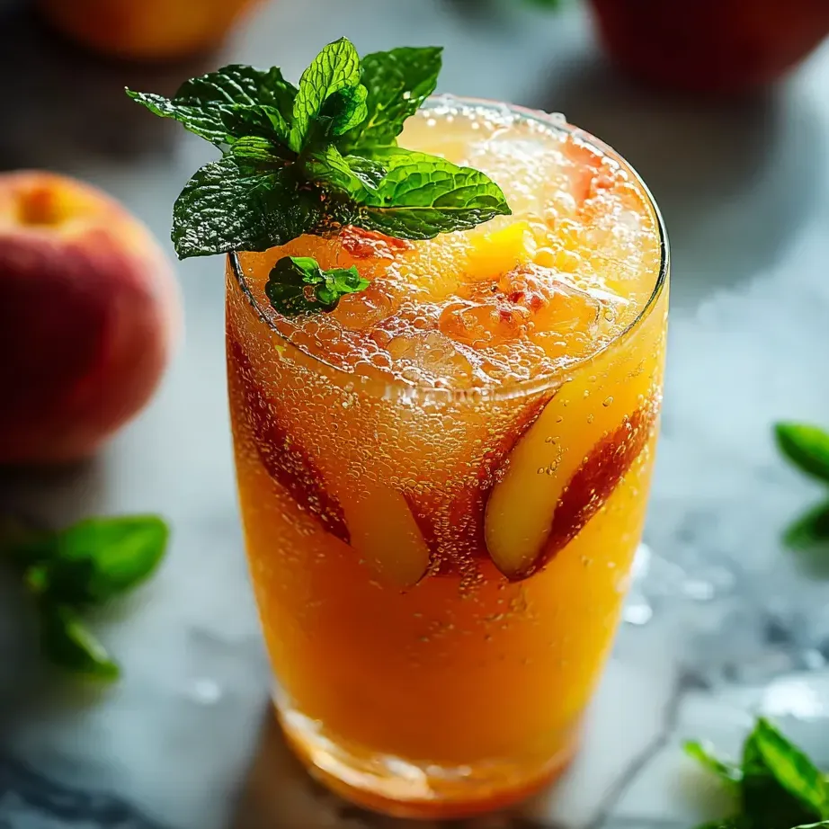 Un vaso de zumo de naranja decorado con menta.
