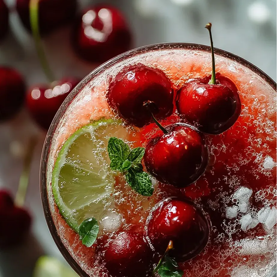 Vaso de jugo de cereza con una cereza arriba.