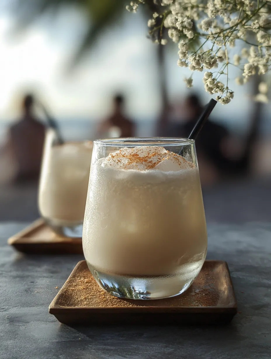 Dos vasos de bebida blanca con pajillas.