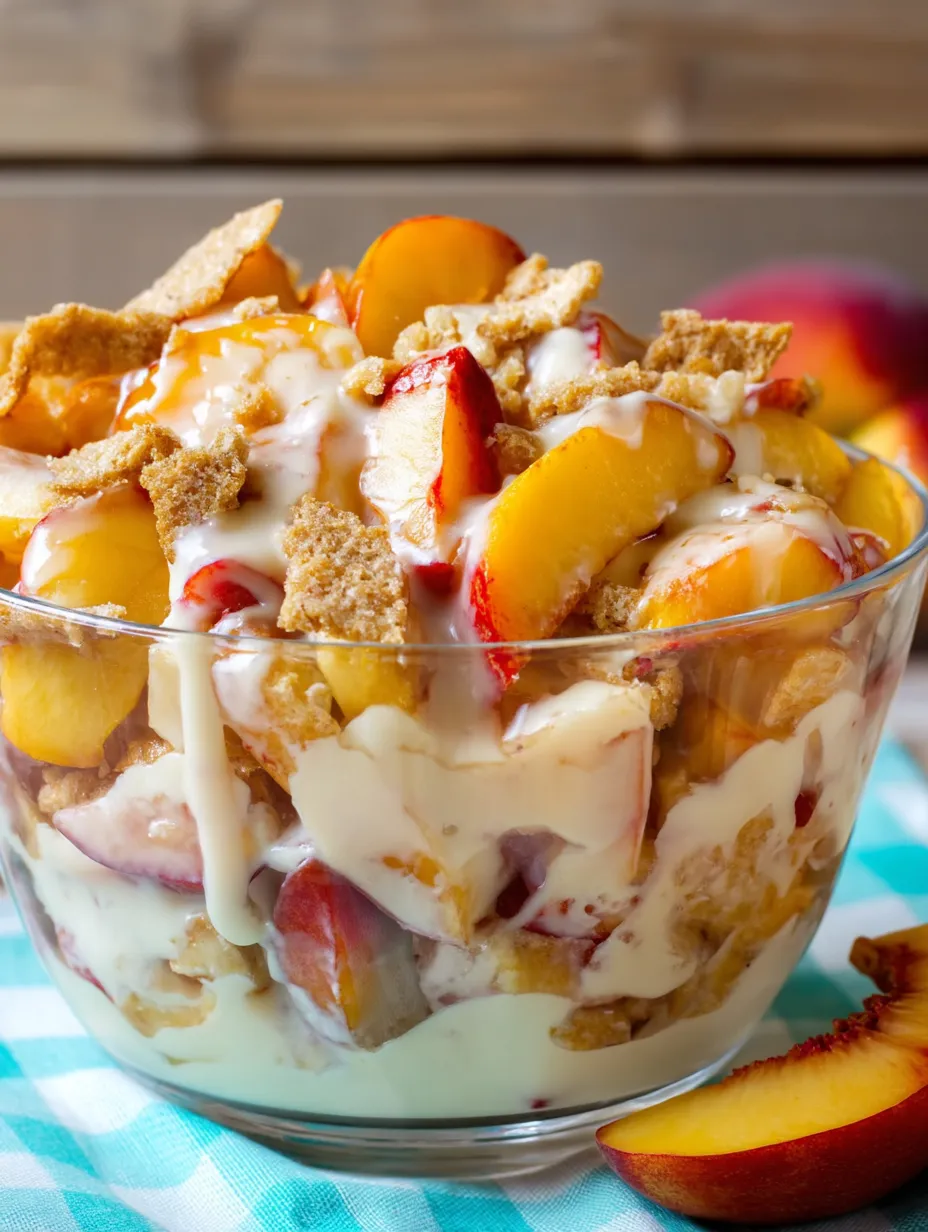 Un bowl de duraznos y crocante.