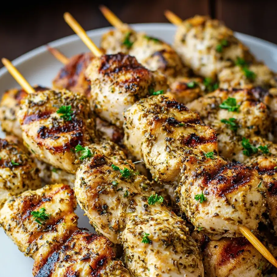 Un plato con brochetas de pollo y hierbas verdes.
