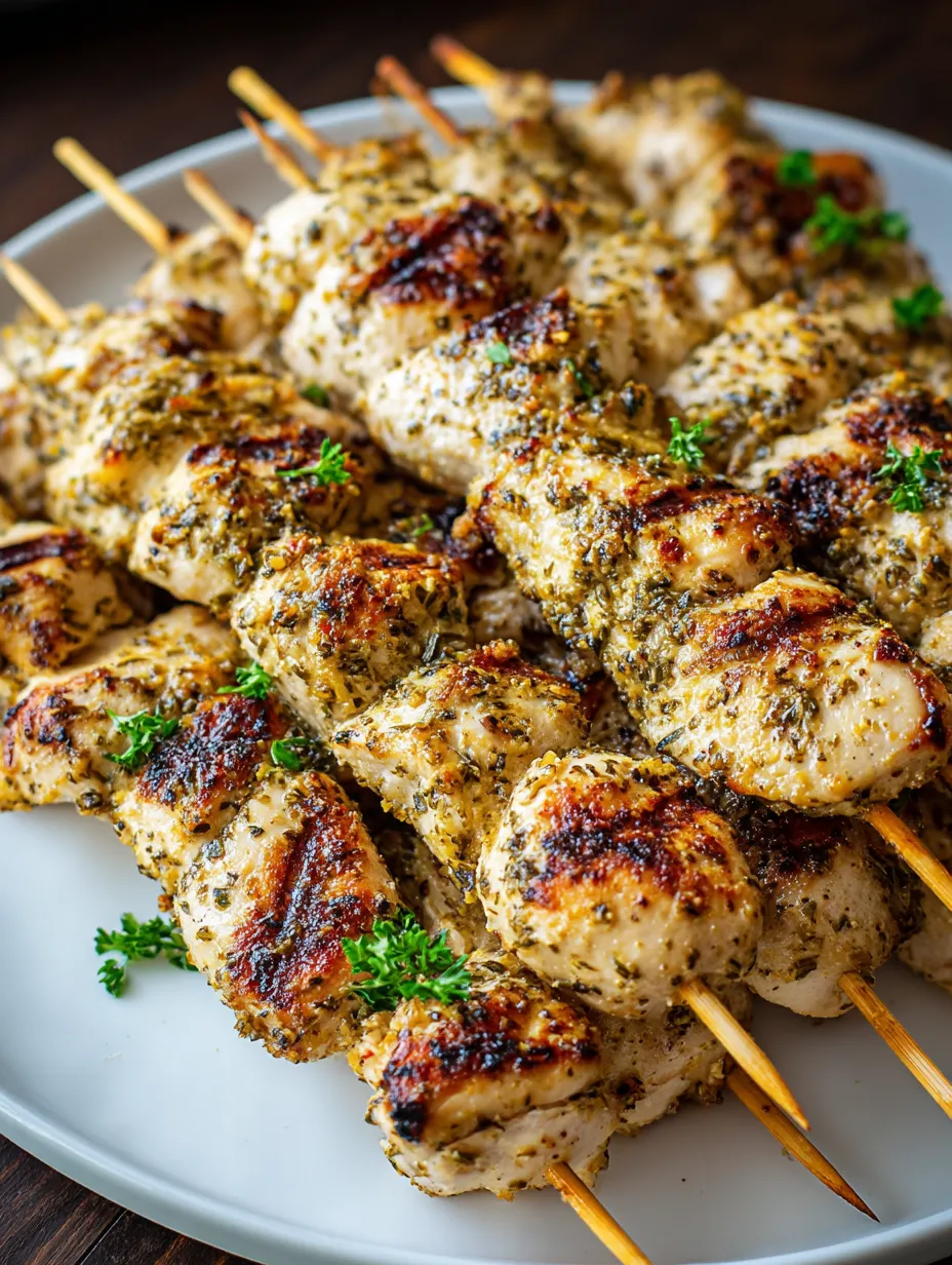 Un plato con brochetas de pollo y un mix de hierbas frescas.
