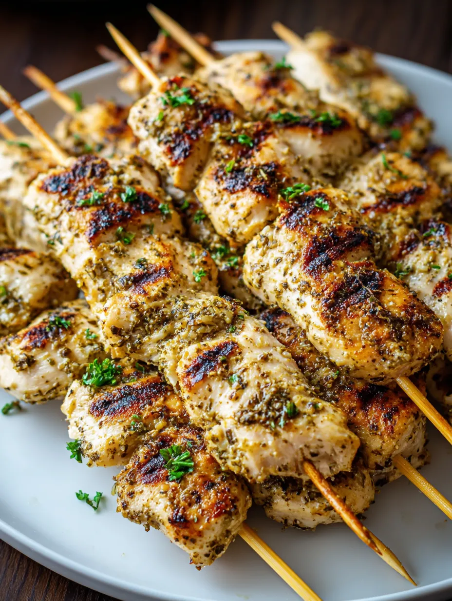 Un plato con brochetas de pollo y hierbas varias.