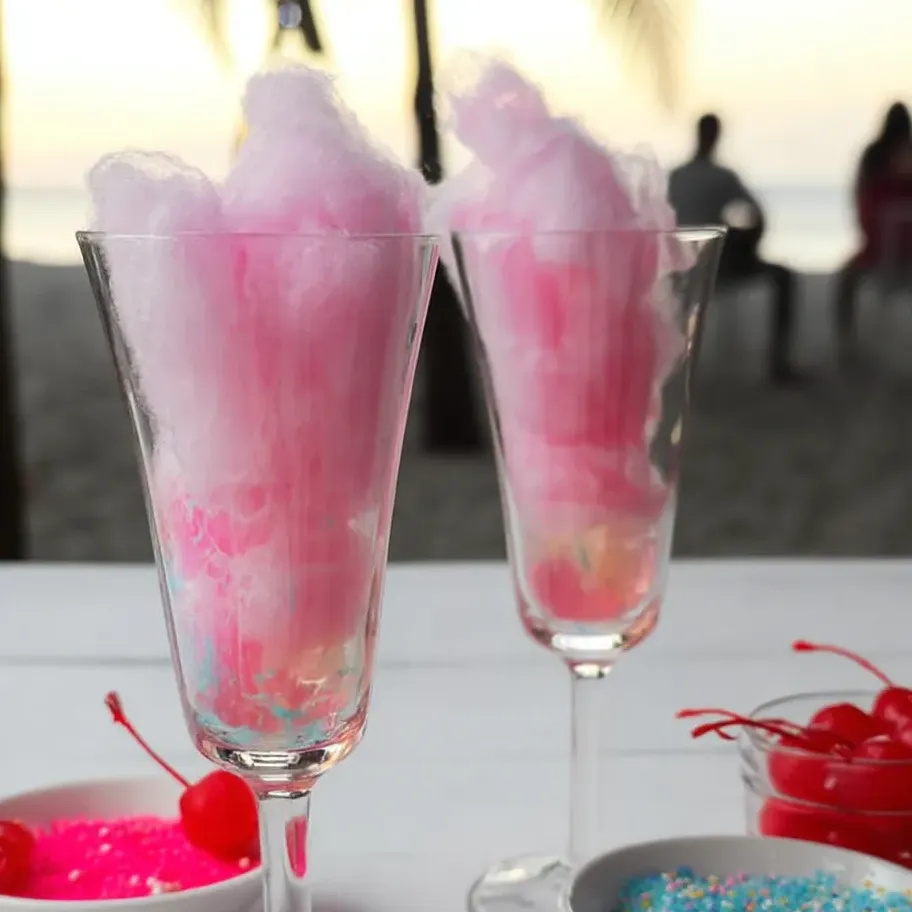 Dos vasos con algodón de azúcar rosa.