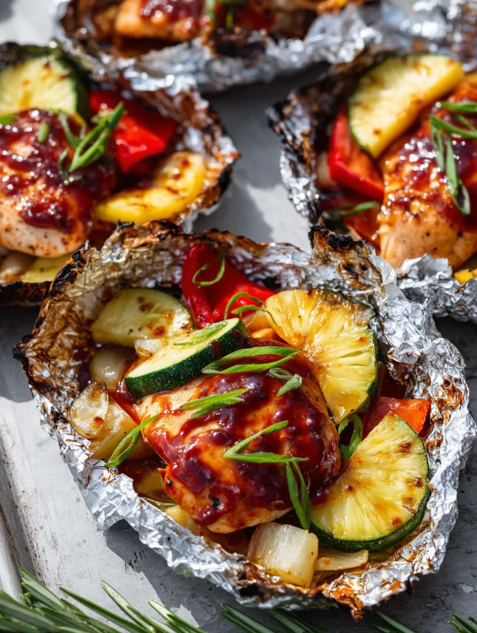 Un trozo de carne envuelto en aluminio con una rodaja de piña y una de calabacita encima.