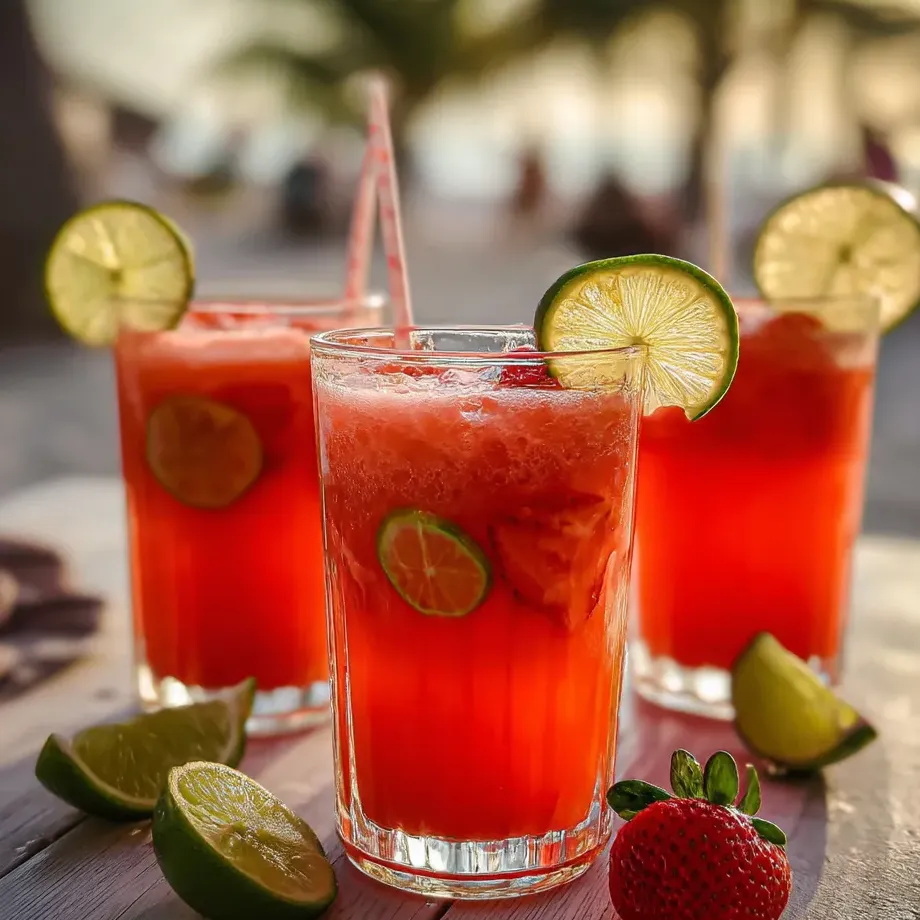 Tres vasos de bebida roja con limas y fresas.