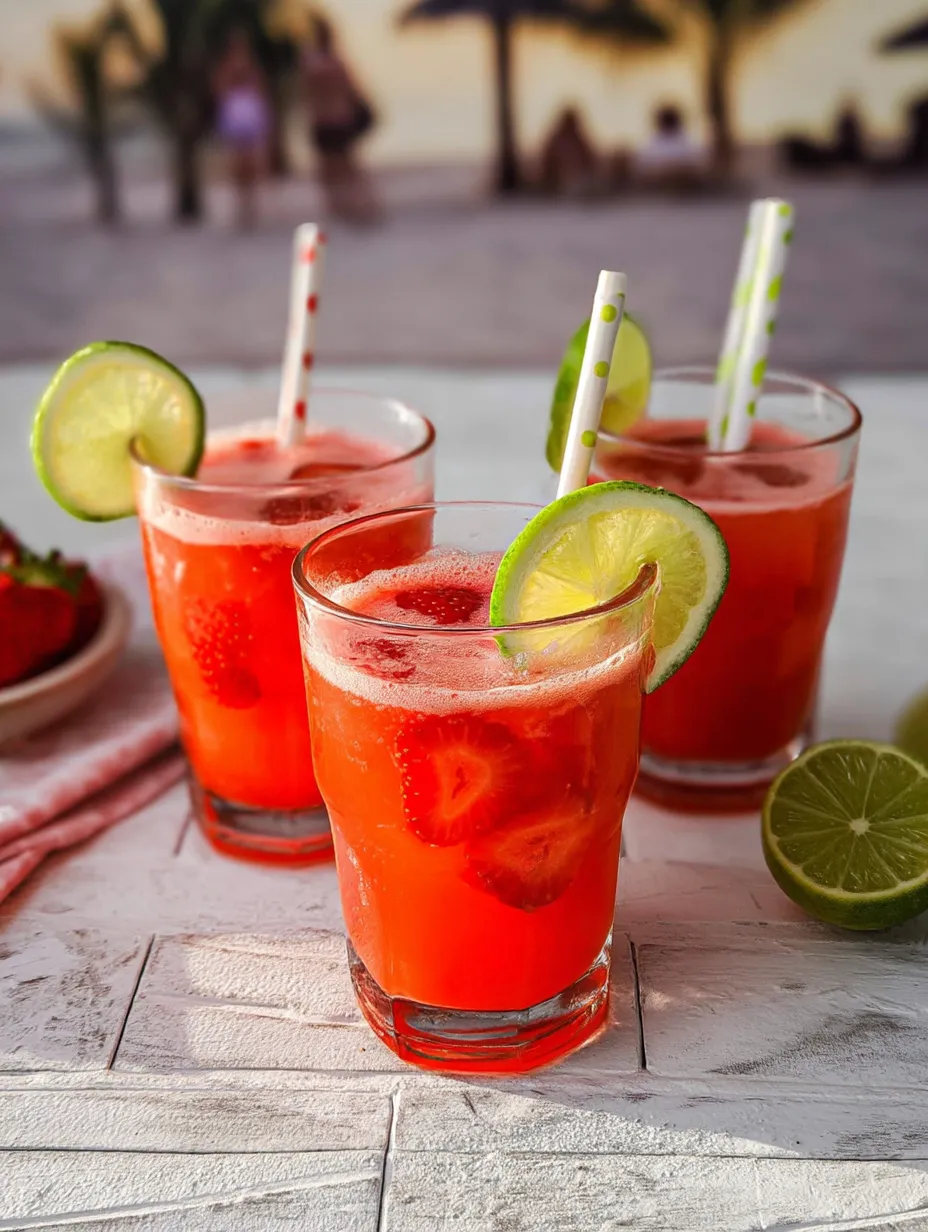 Tres vasos con bebida roja y limas.