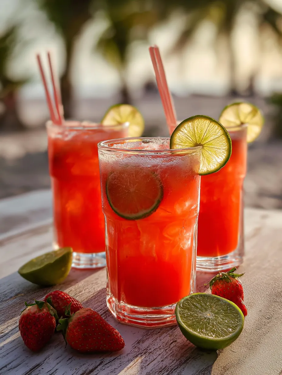 Dos vasos con bebida roja limas y fresas.