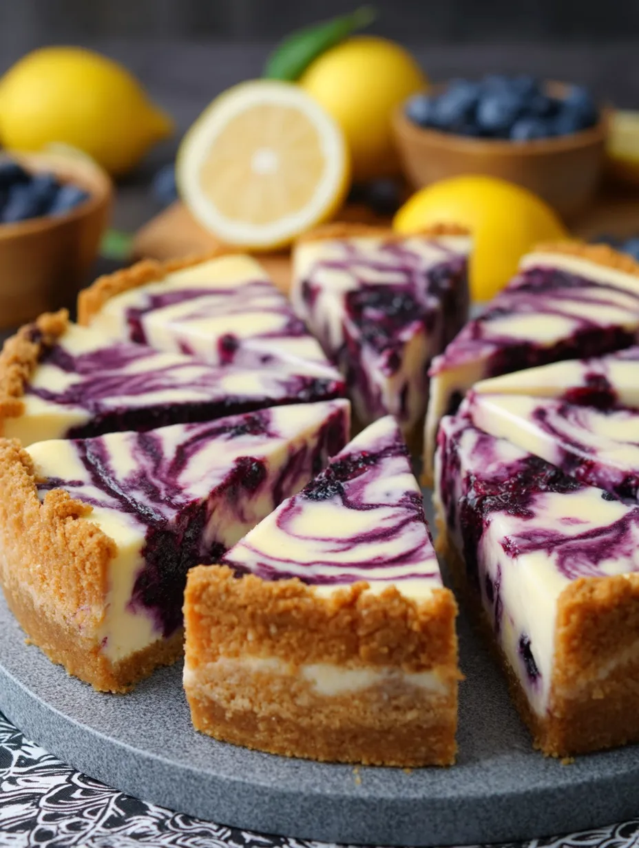 Trozo de cheesecake de arándanos con rodaja de limón al lado.