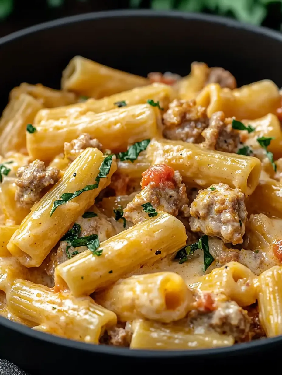 Un cuenco de pasta con carne y tomates.