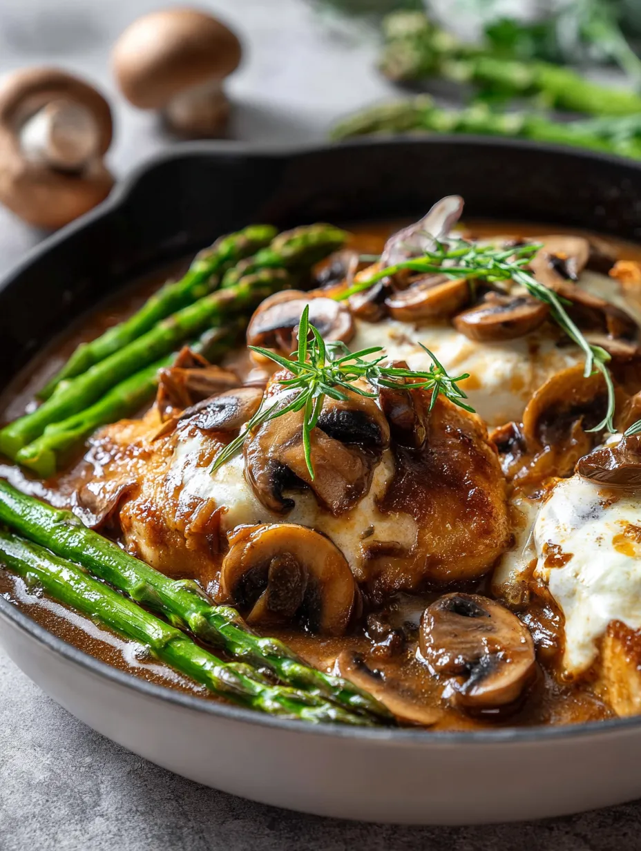 Un plato con champiñones y espárragos.