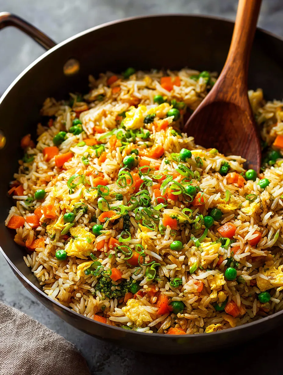 Sartén con arroz, arvejas y zanahorias.