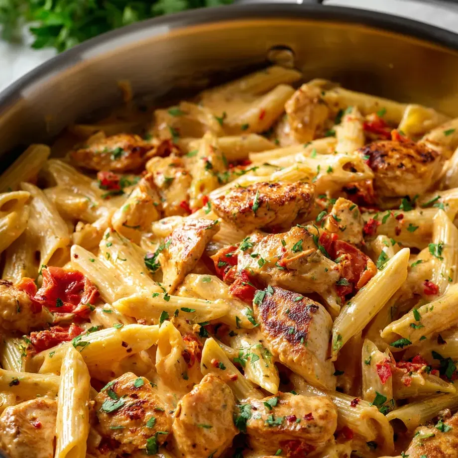 Un bol de pasta con pollo y pimientos rojos.