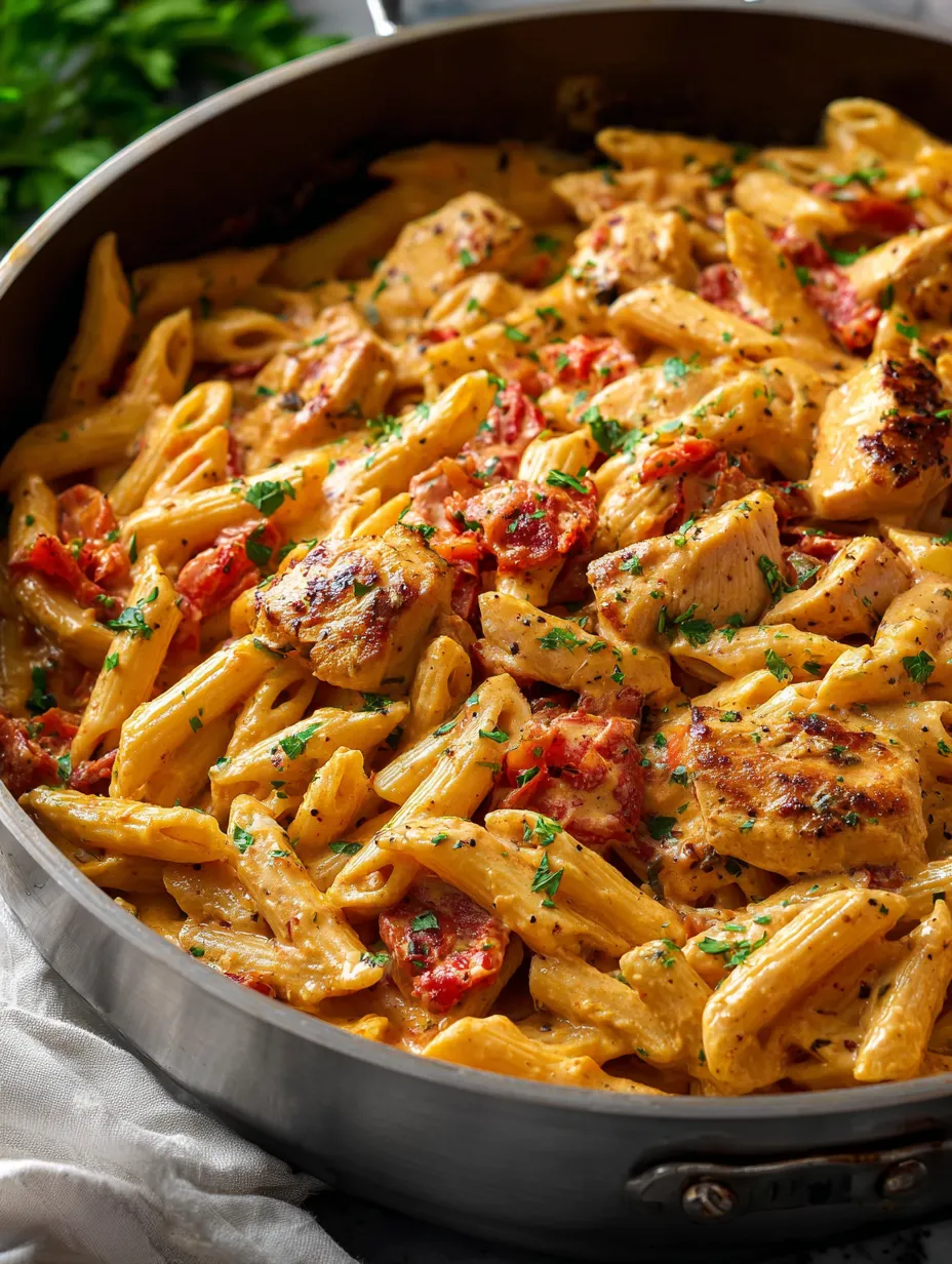 Un sartén de pasta con pollo y tomates.