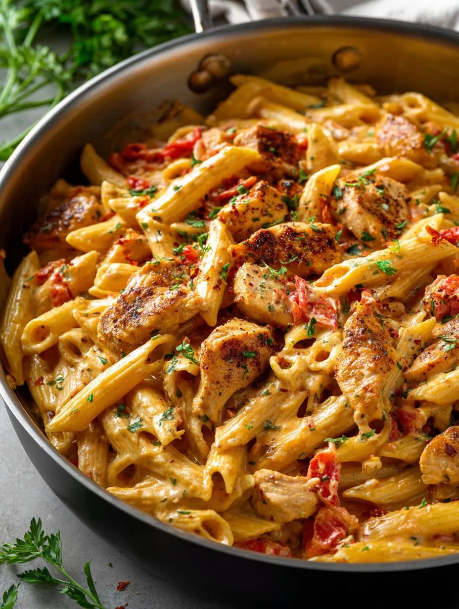 Un plato de pasta con pollo y tomates.